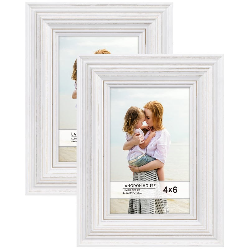 Langdon House 4x6 Real Wood Picture Frames (Weathered White - Gold Accents, 2 Pack), French Country Style Wooden Photo Frame 4 x 6, Lumina Collection - Image 1